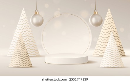 Christmas card with white 3d podium, transparent glass balls and geometric cream brown trees. Xmas place to display gift sale product vector. Happy New Year concept.