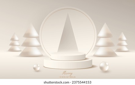 	
Tarjeta navideña con árboles blancos 3d y podio de diseño marrón crema. Lugar de Navidad para mostrar productos de venta de regalos con bolas. Feliz Año Nuevo.