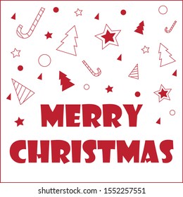Christmas card with white background and red merry Christmas text contains Christmas tree, triangle, circle, stick and star