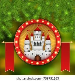 Christmas card with white castle, fireworks and branches of a Christmas tree. Christmas illustration with celebratory elements. White medieval castle with a red roof and red flags on the spiers