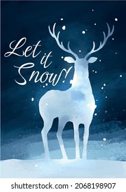 christmas card with white deer silhouettes on night background "let it snow"