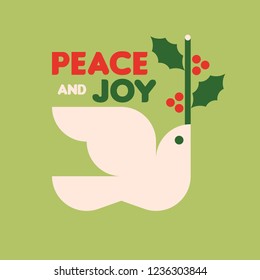 Christmas card with white dove holding holly branch and wishes of peace and joy