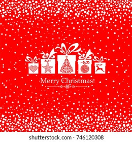 Christmas card. White gifts box with ribbon. Vector Illustration