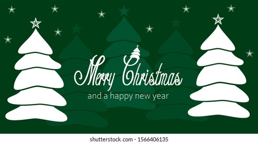 christmas card with white and green trees, stars and seasonal wishes merry christmas and a happy new year
