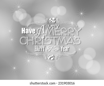 Christmas card.  White Merry Christmas lettering design  in hand - drawn frame of fir branches on silver bokeh background with lights.