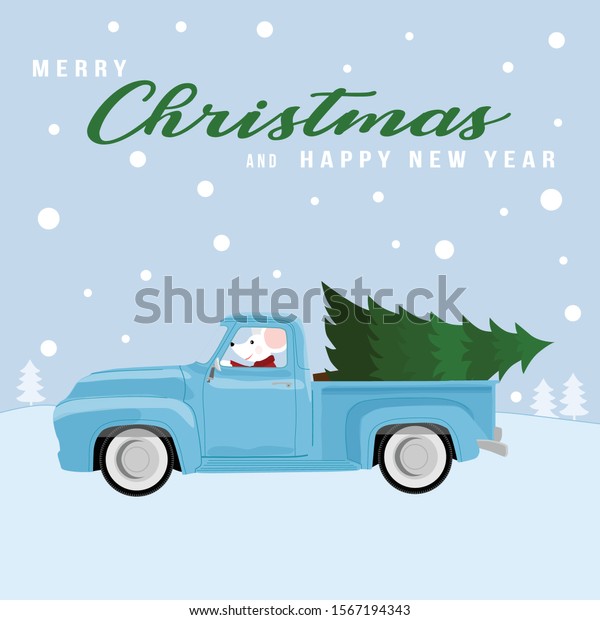 Christmas card. White mouse is driving a pickup\
truck with a Christmas tree in it. Funny cartoon, poster, greeting\
card, print, banner. Merry Christmas and Happy New Year 2020. Mouse\
rat year.