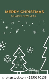 Christmas card with white ornaments on green color background, Merry Christmas and Happy New Year