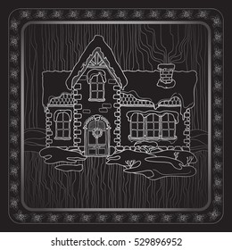 Christmas card with a white outline of the hand drawn house isolated on black and floral frame.