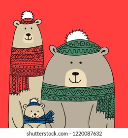 Christmas card with white santa bears family