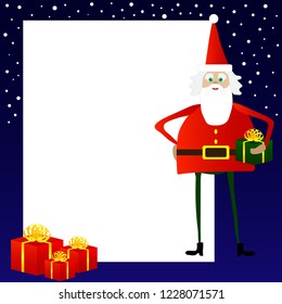 Christmas card with a white sheet on a blue background with Santa Claus and gifts