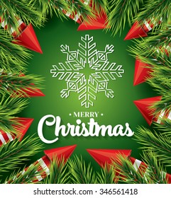Christmas card with white snowflake on green background, pine branch and red rockets. New Year invitation. Vector illustration. Christmas party flyer template.