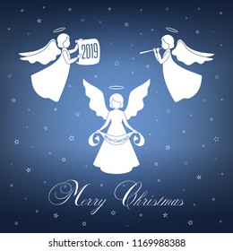 Christmas card with white snowflakes and a cute angels with scrolls. Three isolated angels on a blue background.