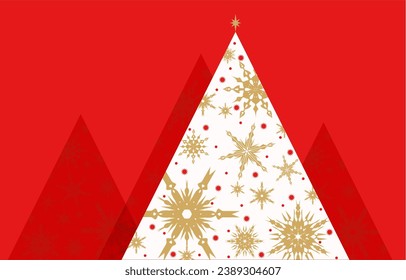 Christmas card with white Christmas tree decorated with geometric patterns, snowflakes and circles, red background. Used for illustration.	