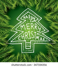 Tarjeta de Navidad con árbol blanco sobre fondo verde y rama de pino. Invitación de Año Nuevo. Ilustración vectorial. Plantilla de volante de la fiesta de Navidad.