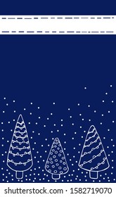 Christmas card with white Christmas trees in doodle style and with snow on a blue background, with place for text stock vector illustration for design and decoration.