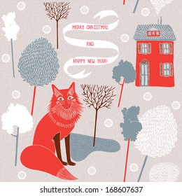 Christmas card with wild fox