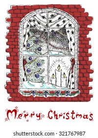 Christmas card with window on brick wall, fir-tree and burning candles, hand drawn illustration