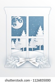 Christmas card with window outside  falling snow,paper art and digital craft style.