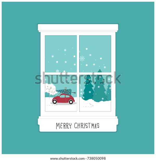 Christmas card with\
window, outside view a snow forest with car carrying Christmas tree\
 with falling snow,text Merry Christmas. All Hand drawn object\
.Vector\
illustration.