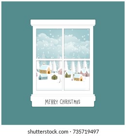 Christmas Card With Window And Outside Is A Village In Snow Forest With Snow, Text Merry Christmas. Vector Illustration.