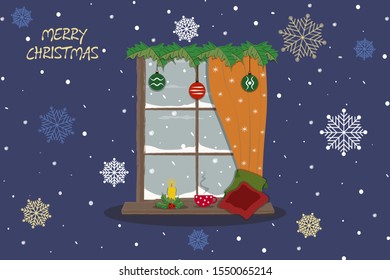 Christmas card window in the snow. Vector illustration Merry Christmas and Happy New Year!