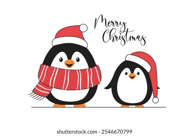 Cartão de Natal com animais de inverno. Dois pinguins de desenho animado usando chapéus de Papai Noel. Cartão de férias com texto Feliz Natal. 