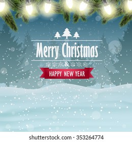 Christmas card, winter background with pine tree branches and Christmas lights.