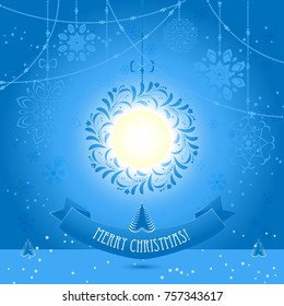 Christmas card with a winter background with snowflakes, snow and a full moon. Vector illustration.