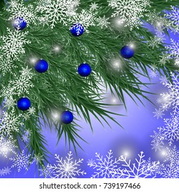 Christmas card. Winter background with spruce branches and blue 