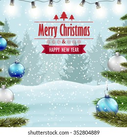 Christmas card with a winter background, Christmas trees.