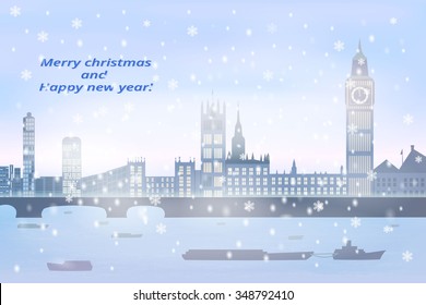christmas card, winter big city with river, fog, snow, on river going  boats,  vector illustration