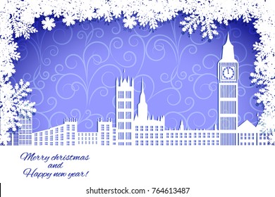 christmas card, winter big city. snow, snowflake frame.   vector illustration