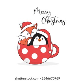 Christmas card with winter cartoon animals. Baby fox and baby penguin wearing Santa's hats and playing inside a Christmas mug. Merry Christmas card. 