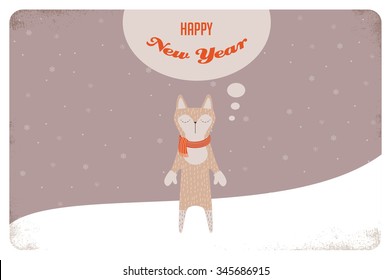 Christmas card of winter cat or a fox with scarf. illustration