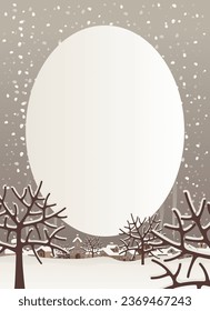 Christmas card with a winter city landscape and a frame on a background of a snowy field. Vector illustration