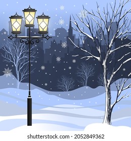 Christmas card. Winter city park, with silhouettes of buildings and streetlamps. Vector illustration.