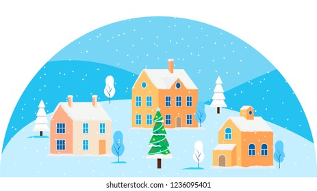 Christmas card with winter cityscape. Snowy small city with buildings and houses, trees. Modern concept vector illustration with urban winter landscape.