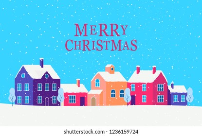 Christmas card with winter cityscape. Snowy street in small city with buildings and houses, trees. Modern concept vector illustration with urban winter landscape.