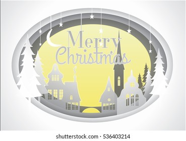 Christmas card with winter countryside,  stars and moon