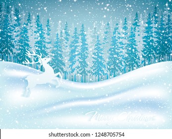 Christmas card with winter evening in blue tone, vector illustration