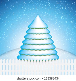 Christmas card with winter evening in blue tone.Snowy tree vector