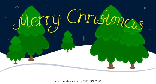 Christmas card. Winter forest at night. Cartoon. Vector illustration.