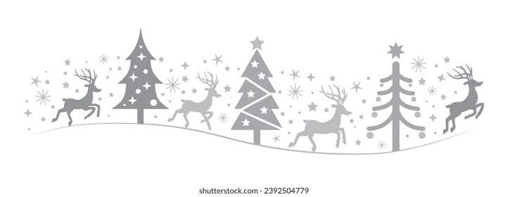 Christmas Card with Winter Forest and Reindeers silver-colored
