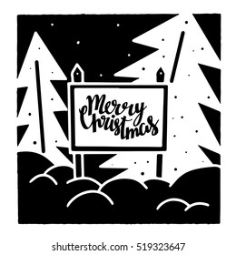 Christmas card. Winter forest, trees, road sign hand drawn. Merry christmas hand written font. Black and white