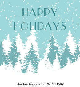 Christmas card winter forest xmas decoration holiday vector illustration. Merry christmas surprise greeting background. Cold snow trees frost landscape. Snowy pine ice park.