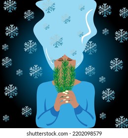 Christmas card with winter girl with branch of christmas tree and beautiful snowflakes. Winter postcard. Christmas concept with woman in blue sweater and blue hair with spruce branch.