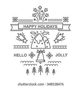 Christmas card for winter holidays in flat style. Christmas and New Year line icons. Vector