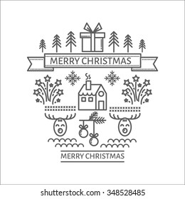 Christmas card for winter holidays in flat style. Christmas and New Year line icons. Vector