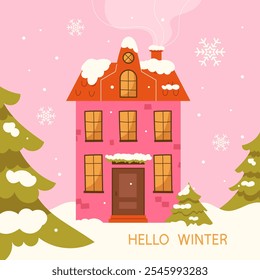 Tarjeta de Navidad con una casa de invierno. Ilustración vectorial