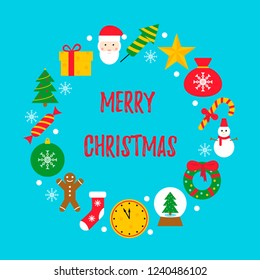 Christmas card with winter icons. Vector illustration in flat design